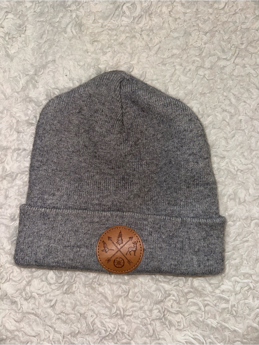Gray Knit Cuffed Beanie Hat with Leather Patch